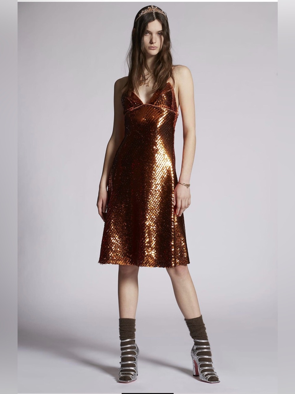 DSQUARED2 Copper Sequin Midi Slip Dress